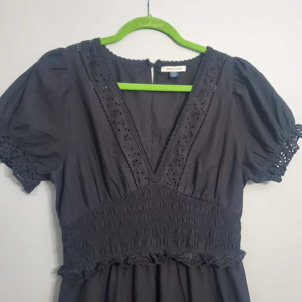 American Eagle Eyelet Tiered Smocked Lined Midi Dress Black Cottagecore NWOT M - Picture 2 of 16